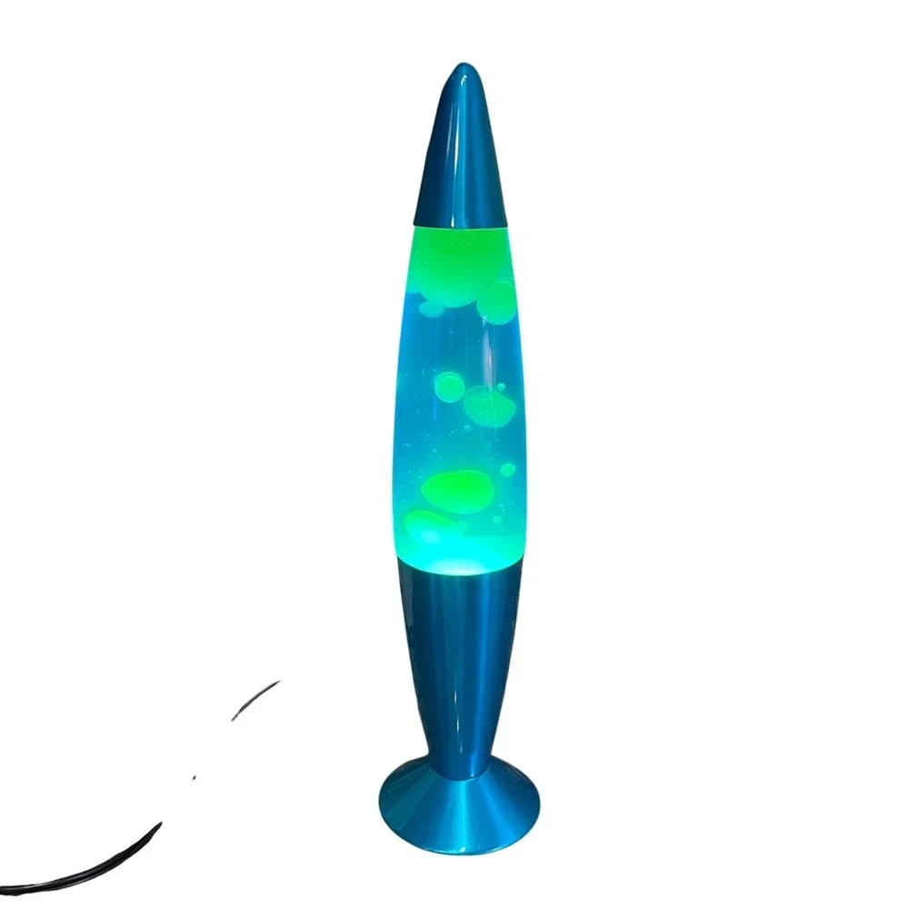 Retro Y2k 17 Inch Lava Lamp Blue Liquid Yellow Wax Chrome‎ Blue Base Rocket